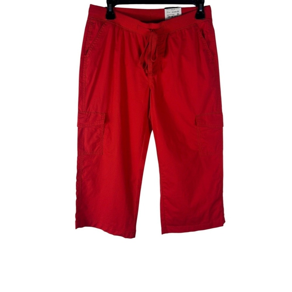 St Johns Bay Womens Petite Small PS Orange Red Cargo Capri Pants Mid Rise NWT‎
